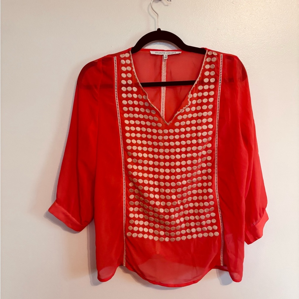 Collective Concepts Orange red semi sheer tunic with embroidered front size xs